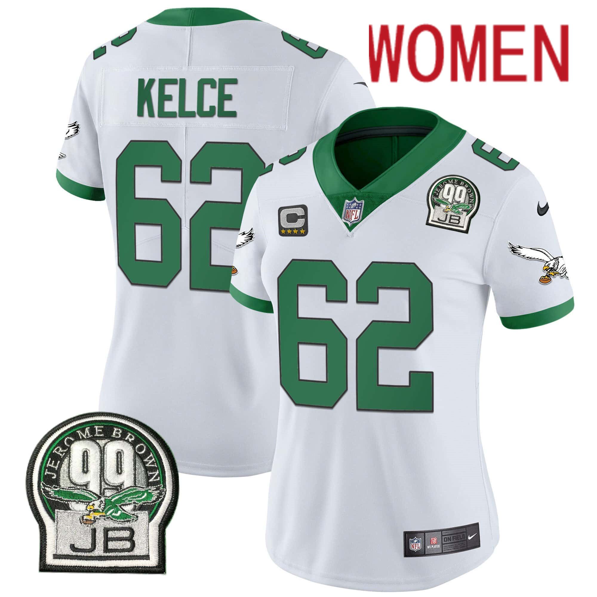 Women Philadelphia Eagles 62 Kelce White 2024 Nike Jerome Brown Patch Alternate Limited NFL Jersey